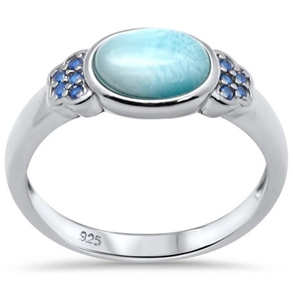 Natural Oval Larimar & Sapphire Ring 2.75 ct Sz 8 925 SS Blue Gemstone